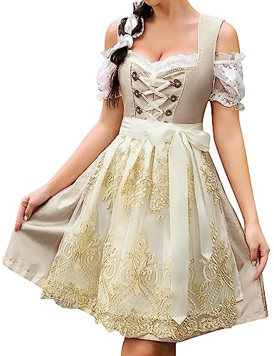 KOJOOIN Dirndl Damen Kurz 3Tlg. Trachtenkleid Midi für Oktoberfest mit Spitzenschürze Champagner Jacquard 38 von KOJOOIN