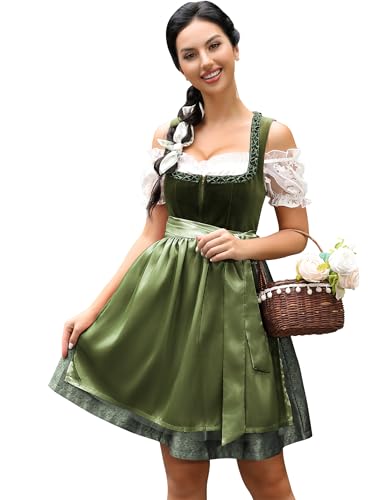 KOJOOIN Dirndl Damen Kurz 3tlg. Midi Trachtenkleid Samt Trachtenmode Kleid Set für Oktoberfest Besondere Anlässe inkl. Dirndlkleid,Dirndlbluse,Dirndlschürze Armeegrün 38 von KOJOOIN