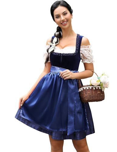 KOJOOIN Dirndl Damen Kurz 3tlg. Midi Trachtenkleid Samt Trachtenmode Kleid Set für Oktoberfest Besondere Anlässe inkl. Dirndlkleid,Dirndlbluse,Dirndlschürze Dunkelblau 38 von KOJOOIN