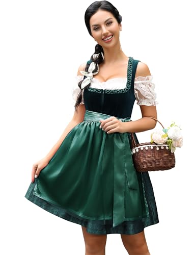 KOJOOIN Dirndl Damen Kurz 3tlg. Midi Trachtenkleid Samt Trachtenmode Kleid Set für Oktoberfest Besondere Anlässe inkl. Dirndlkleid,Dirndlbluse,Dirndlschürze Dunkelgrün 46 von KOJOOIN