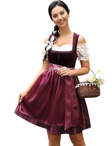 KOJOOIN Dirndl Damen Kurz 3tlg. Midi Trachtenkleid Samt Trachtenmode Kleid Set für Oktoberfest Besondere Anlässe inkl. Dirndlkleid,Dirndlbluse,Dirndlschürze Dunkelrot 48 von KOJOOIN