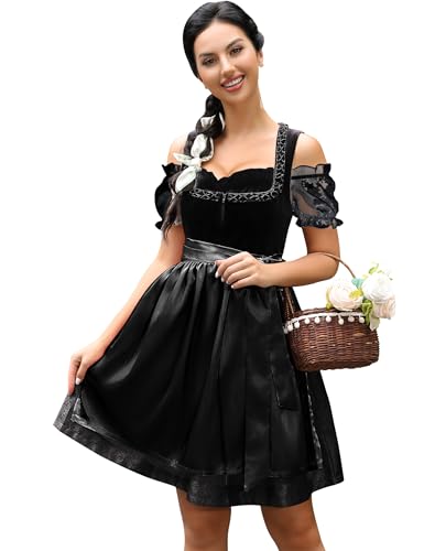 KOJOOIN Dirndl Damen Kurz 3tlg. Midi Trachtenkleid Samt Trachtenmode Kleid Set für Oktoberfest Besondere Anlässe inkl. Dirndlkleid,Dirndlbluse,Dirndlschürze Schwarz 36 von KOJOOIN