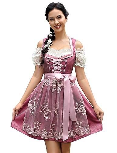 KOJOOIN Dirndl Damen Kurz Trachtenkleid 3tlg. Midi Dirndl für Oktoberfest Drei Teilig: Dirndlkleid,Schürze,Bluse A-Weinrot 34 von KOJOOIN