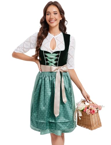 KOJOOIN Dirndl Damen Kurz Trachtenkleid Midi Dirndl-Komplettsets mit 3 Teilig inkl. Dirndlkleid Dirndlbluse Dirndlschürze für Oktoberfest Grün 42 von KOJOOIN
