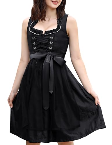 KOJOOIN Dirndl Damen Midi Kurz Trachtenkleid mit Spitzenschürze 2tlg. für Oktoberfest Schwarz(High-End) 38 von KOJOOIN