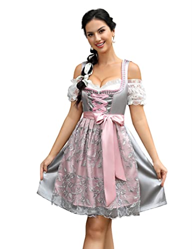 KOJOOIN Dirndl Damen Midi Trachtenkleid 3tlg.Trachtenmode inkl. Dirndlkleid,Dirndlbluse,Dirndlschürze für Oktoberfest Besondere Anlässe Grau(3tlg.) 40 von KOJOOIN