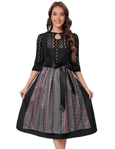 KOJOOIN Dirndl Damen Midi Trachtenkleid mit 3 Teilig Trachtenrock Dirndlbluse Dirndlschürze für Oktoberfest Dirndlkleid Schwarz 38 von KOJOOIN
