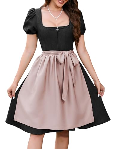 KOJOOIN Dirndl Damen Trachten Midi Dirndlkleid aus Wildleder für Oktoberfest mit Schürze Schwarz 38 von KOJOOIN