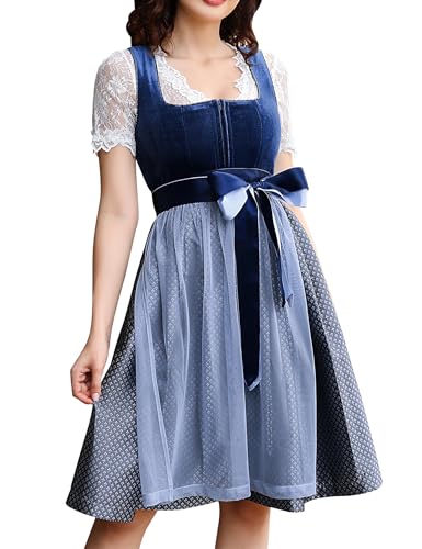 KOJOOIN Dirndl Damen Trachtenkleid Kurz Set Dirndl-Komplettset Midi 3tlg. für Oktoberfest inkl. Kleid, Bluse, Schürze (Verpackung MEHRWEG),Bluishgrey,36 von KOJOOIN