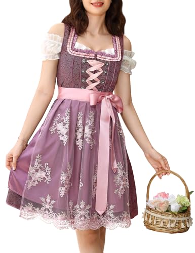 KOJOOIN Dirndl Damen Trachtenkleid Kurz Set Dirndl-Komplettset Midi 3tlg. für Oktoberfest inkl. Kleid, Bluse, Schürze (Verpackung MEHRWEG),Burgundy 40 von KOJOOIN