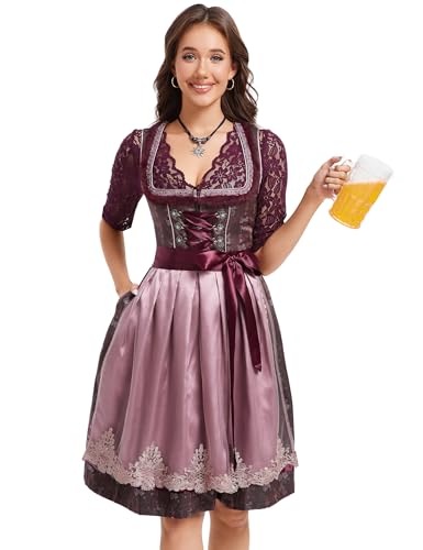 KOJOOIN Dirndl Damen Trachtenkleid Weinrot Dirndlkleid Midi Jacquard Trachtenrock Oktoberfest Outfit mit Dirndlschürzen Weinrot 44 von KOJOOIN