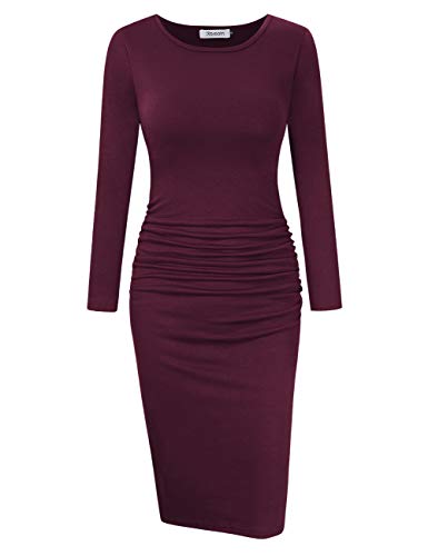 KOJOOIN Etuikleider Cocktail Bleistiftkleid Knielang Business Kleider Rundhals Kurzarm/Langarm Abendkleid, C-burgundy, L von KOJOOIN