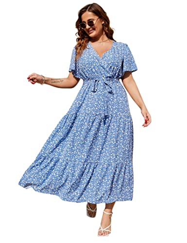 KOJOOIN Frauen Plus Size V-Ausschnitt Wrap Maxikleid Hohe Taille Rüschen Kurze Ärmel Casual Sommerkleid mit Gürtel, blaue blume, XX-Large von KOJOOIN