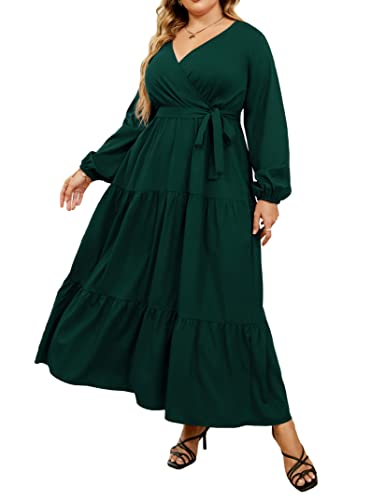 KOJOOIN Damen-Maxikleid mit V-Ausschnitt, lange Ärmel, hohe Taille, Rüschen, Freizeitkleid mit Gürtel, Langarm Grün, 3X-Groß von KOJOOIN