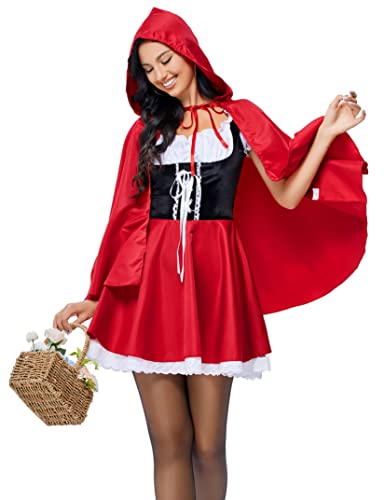 KOJOOIN Halloween Kostüm Damen Cosplay Kleid Gothic Kleid Kostüm für Halloween Kostüm Rotkäppchen mit Rock+Umhang Rot 32 von KOJOOIN