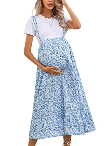 KOJOOIN Hohe Taille Umstands-Maxirock Sommer Casual Boho Flowy Rüschen Verstellbarer Strapsrock Fotoshooting Babyparty, Blau floral, Medium von KOJOOIN