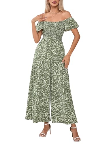 KOJOOIN Jumpsuit Damen Overall Elegant Hosenanzug Sommer Playsuit Kurzarm Romper Festlich Loose Fit Spielanzug Casual Lang Weites Bein (Verpackung MEHRWEG) Grün XXL von KOJOOIN