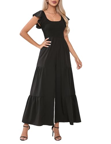 KOJOOIN Jumpsuit Damen Overall Elegant Hosenanzug Sommer Playsuit Kurzarm Romper Festlich Loose Fit Spielanzug Casual Lang Weites Bein (Verpackung MEHRWEG) Schwarz M von KOJOOIN