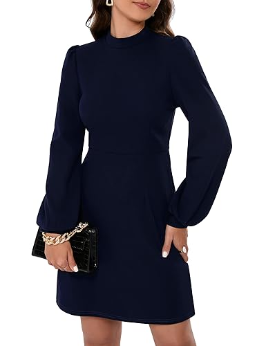 KOJOOIN Kleid Damen Bleistiftkleid Elegent Businesskleid Langarm Einfabrig Knielang A-Linie Hohe Taille Wickelkleid Navyblau XXL von KOJOOIN