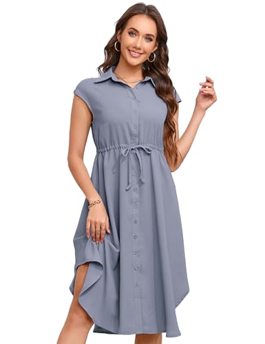 KOJOOIN Kleid Damen Sommer Kurzarm Blusenkleid Elegant Wickelkleid Revers Style Freizeit Kleid mit Knopfleiste Dunstblau M von KOJOOIN