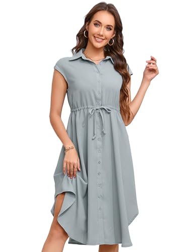 KOJOOIN Kleid Damen Sommer Kurzarm Blusenkleid Elegant Wickelkleid Revers Style Freizeit Kleid mit Knopfleiste Hellgrün L von KOJOOIN
