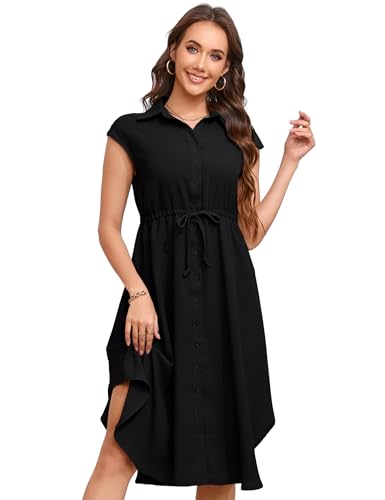 KOJOOIN Kleid Damen Sommer Kurzarm Blusenkleid Elegant Wickelkleid Revers Style Freizeit Kleid mit Knopfleiste Schwarz M von KOJOOIN