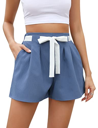 KOJOOIN Kurze Hose Damen Hoch Taillierte Kordelzug Shorts Plissee Weite Solide Shorts Blau L von KOJOOIN