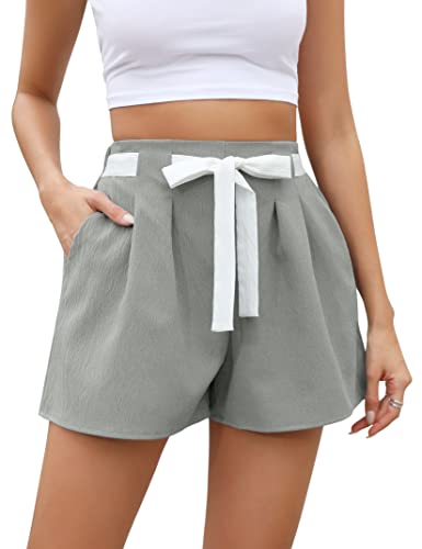 KOJOOIN Kurze Hose Damen Hoch Taillierte Kordelzug Shorts Plissee Weite Solide Shorts Hellgrün L von KOJOOIN