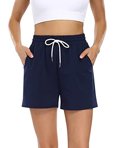 KOJOOIN Kurze Hose Damen Shorts Sommer Kurze Sporthose Baumwolle Jogginghose Loose Fit Sweathose mit Taschen,für Jogging Yoga Fitness Freizeithose A-Dunkelblau L von KOJOOIN