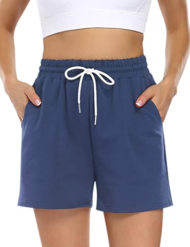 KOJOOIN Kurze Hose Damen Shorts Sommer Kurze Sporthose Baumwolle Jogginghose Loose Fit Sweathose mit Taschen,für Jogging Yoga Fitness Freizeithose A-Himmelblau L von KOJOOIN