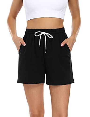 KOJOOIN Kurze Hose Damen Shorts Sommer Kurze Sporthose Baumwolle Jogginghose Loose Fit Sweathose mit Taschen,für Jogging Yoga Fitness Freizeithose A-Schwarz L von KOJOOIN