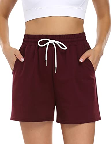 KOJOOIN Kurze Hose Damen Shorts Sommer Kurze Sporthose Baumwolle Jogginghose Loose Fit Sweathose mit Taschen,für Jogging Yoga Fitness Freizeithose A-Weinrot M von KOJOOIN