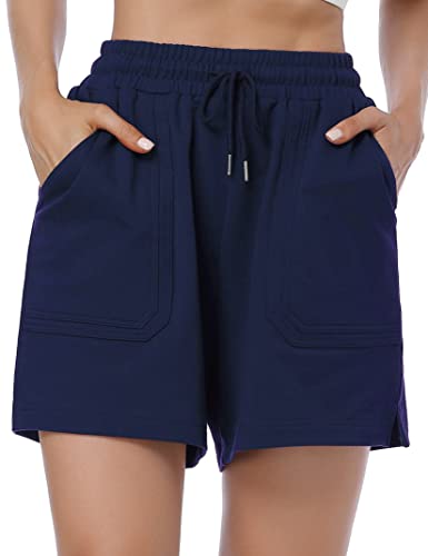 KOJOOIN Kurze Hose Damen Shorts Sommer Kurze Sporthose Loose Fit Jogginghose Sweathose mit Taschen, für Jogging Yoga Fitness Freizeithose Dunkelblau S von KOJOOIN