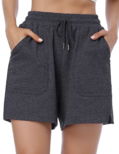 KOJOOIN Kurze Hose Damen Shorts Sommer Kurze Sporthose Loose Fit Jogginghose Sweathose mit Taschen, für Jogging Yoga Fitness Freizeithose Dunkelgrau L von KOJOOIN