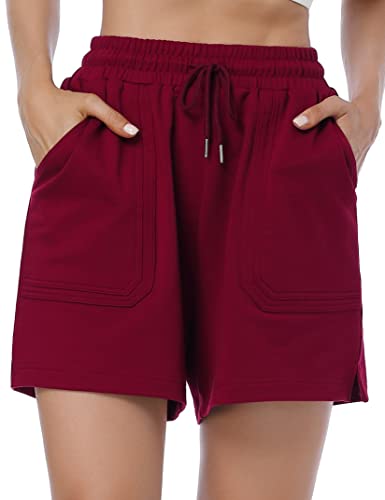 KOJOOIN Kurze Hose Damen Shorts Sommer Kurze Sporthose Loose Fit Jogginghose Sweathose mit Taschen, für Jogging Yoga Fitness Freizeithose Weinrot L von KOJOOIN