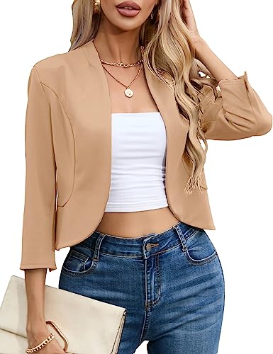 KOJOOIN Lässiger Cropped-Blazer für Damen, 3/4-Ärmel, ohne Kragen, vorne offen, Rüschen, Arbeit, Büro, Cardigan, Anzugjacke, Jacke, Khaki, L von KOJOOIN