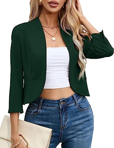 KOJOOIN Lässiger Cropped-Blazer für Damen, 3/4-Ärmel, ohne Kragen, vorne offen, Rüschen, Arbeit, Büro, Cardigan, Anzugjacke, Jacke, dunkelgrün, M von KOJOOIN