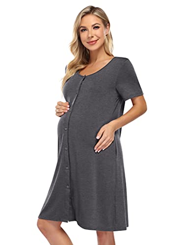 KOJOOIN Nachthemd Damen Geburt Stillnachthemd Baumwolle Stillkleid Kurzarm Nachtkleid Nachtwäsche mit Durchgehender Knopfleiste Dunkelgrau L von KOJOOIN