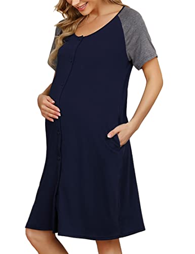 KOJOOIN Nachthemd Damen Geburt Stillnachthemd Kurzarm Nachtwäsche Baumwolle Umstandsnachthemd mit Durchgehender Knopfleiste DunKelblau B(Kurzarm) S von KOJOOIN