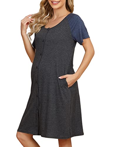 KOJOOIN Nachthemd Damen Geburt Stillnachthemd Kurzarm Nachtwäsche Baumwolle Umstandsnachthemd mit Durchgehender Knopfleiste Dunkelgrau C(Kurzarm) XL von KOJOOIN