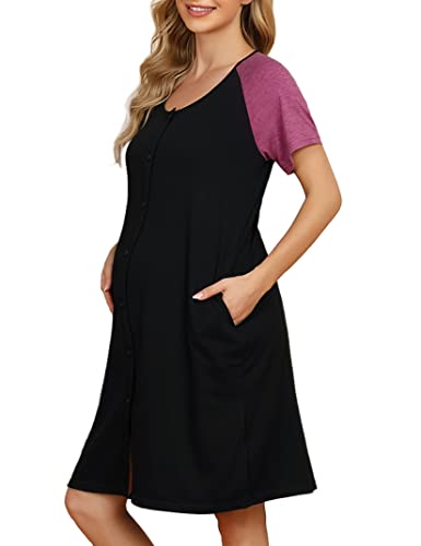 KOJOOIN Nachthemd Damen Geburt Stillnachthemd Kurzarm Nachtwäsche Baumwolle Umstandsnachthemd mit Durchgehender Knopfleiste Schwarz C(Kurzarm) XL von KOJOOIN