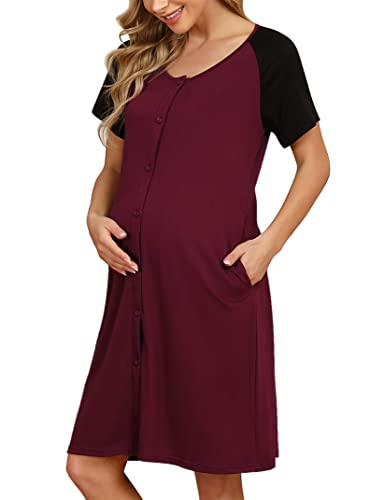 KOJOOIN Nachthemd Damen Geburt Stillnachthemd Kurzarm Nachtwäsche Baumwolle Umstandsnachthemd mit Durchgehender Knopfleiste Weinrot B(Kurzarm) L von KOJOOIN
