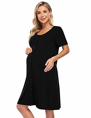 KOJOOIN Nachthemd Damen Geburt Stillnachthemd Kurzarm Schlafanzug Schwangerschaft Pyjama Nachtwäsche mit Durchgehender Knopfleiste Schwarz L von KOJOOIN