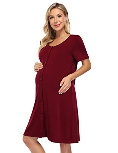KOJOOIN Nachthemd Damen Geburt Stillnachthemd Baumwolle Stillkleid Kurzarm Nachtkleid Nachtwäsche mit Durchgehender Knopfleiste Weinrot XL von KOJOOIN