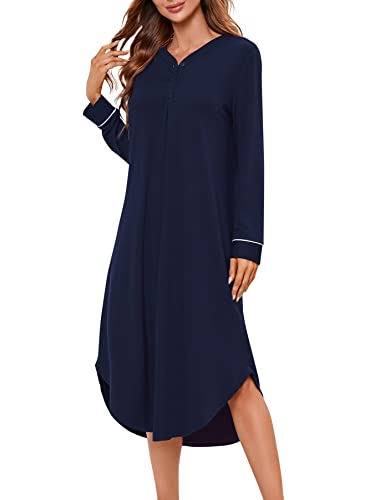 KOJOOIN Nachthemd Damen Langarm Nachtwäsche V-Ausschnitt Lange Nachtkleid Knopfleiste Schlafshirt Sleepwear (Verpackung MEHRWEG), A-Dunkelblau, M von KOJOOIN