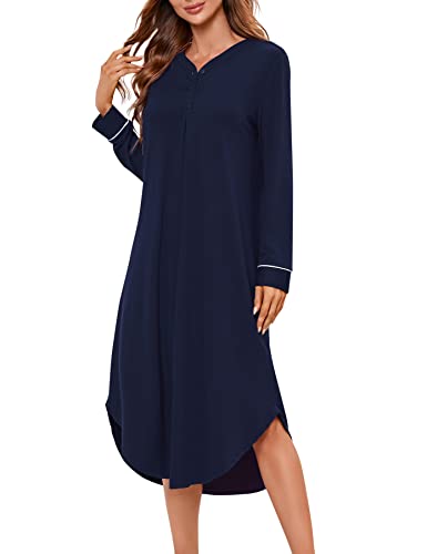 KOJOOIN Nachthemd Damen Langarm Nachtwäsche V-Ausschnitt Lange Nachtkleid Knopfleiste Schlafshirt Sleepwear (Verpackung MEHRWEG), A-Dunkelblau, S von KOJOOIN