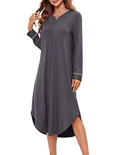 KOJOOIN Nachthemd Damen Langarm Nachtwäsche V-Ausschnitt Lange Nachtkleid Knopfleiste Schlafshirt Sleepwear (Verpackung MEHRWEG), A-Dunkelgrau, L von KOJOOIN