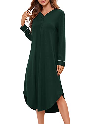 KOJOOIN Nachthemd Damen Langarm Nachtwäsche V-Ausschnitt Lange Nachtkleid Knopfleiste Schlafshirt Sleepwear (Verpackung MEHRWEG), A-Dunkelgrün, L von KOJOOIN