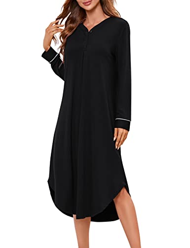 KOJOOIN Nachthemd Damen Langarm Nachtwäsche V-Ausschnitt Lange Nachtkleid Knopfleiste Schlafshirt Sleepwear (Verpackung MEHRWEG), A-Schwarz, L von KOJOOIN