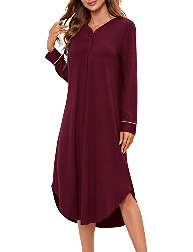 KOJOOIN Nachthemd Damen Langarm Nachtwäsche V-Ausschnitt Lange Nachtkleid Knopfleiste Schlafshirt Sleepwear (Verpackung MEHRWEG), A-Weinrot, M von KOJOOIN